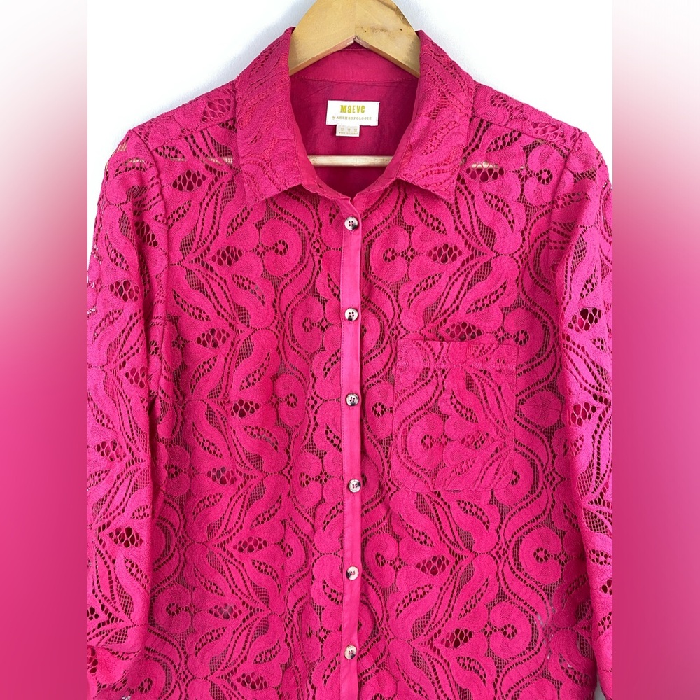 MAEVE by ANTHROPOLOGIE  Lace Boho Slim Buttondown Shirt in Pink Size 12 - Picture 6 of 14